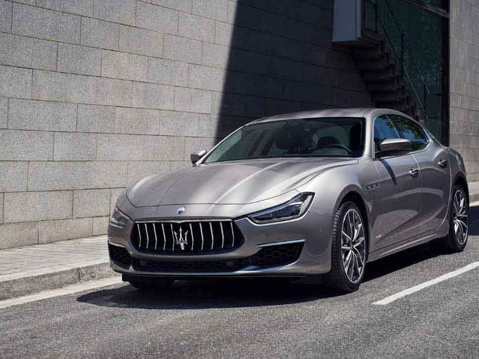 The front of a Silver Maserati