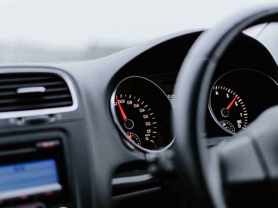 Snapshot of the dashboard dials of a volkwagen